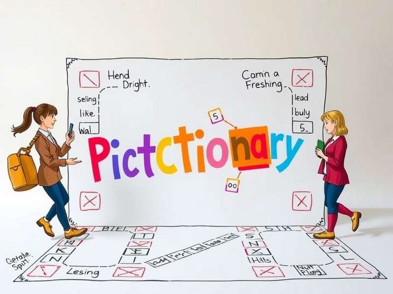 Group of adults playing Pictionary game at a party with laughter and drawings