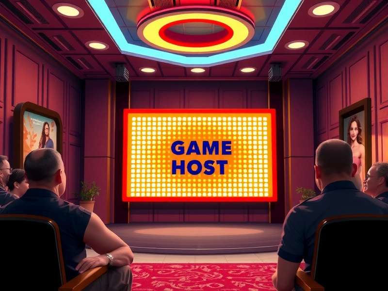 A dynamic game show host engaging with contestants during a drawing game