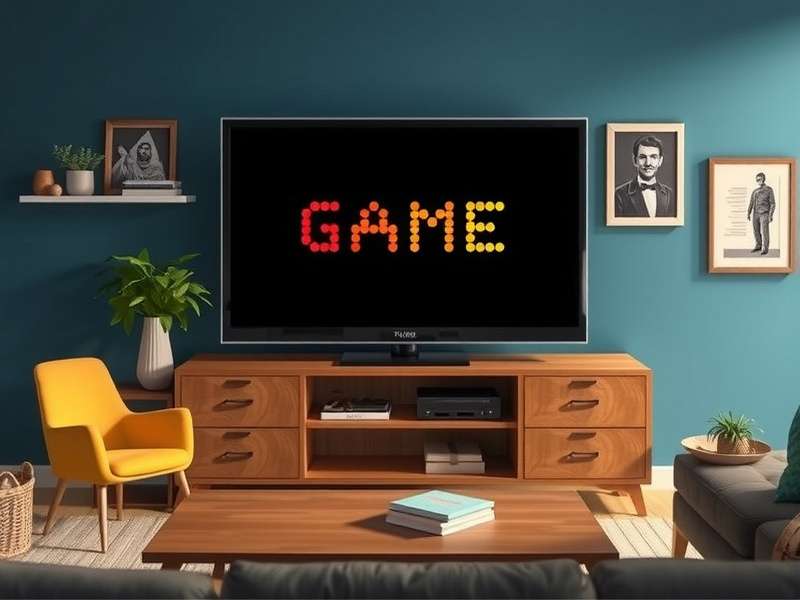 Pictionary game show studio set with host and contestants drawing on large easels