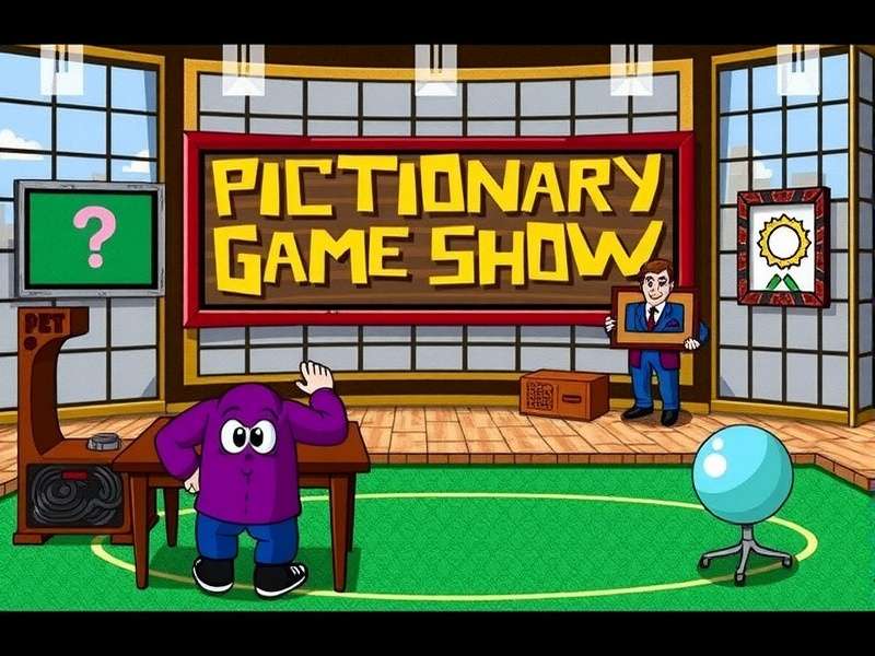 The set of the 1998 Pictionary game show with host and contestants