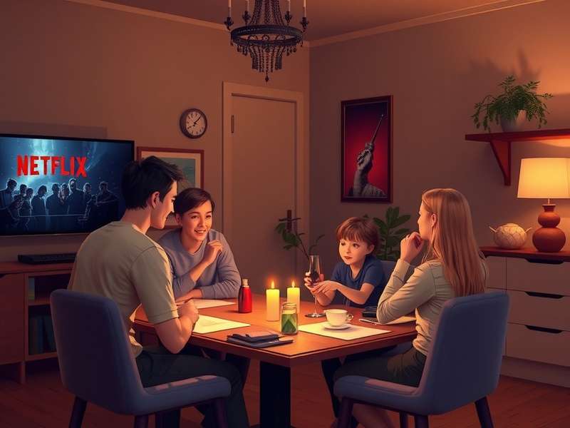 A diverse group of friends and family laughing during a Pictionary game night, with a Netflix screen visible in the background.