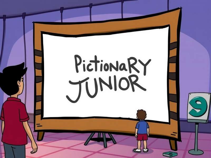 Children playing Pictionary Junior at a table, laughing and drawing