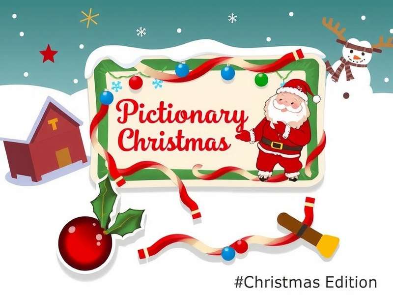 Pictionary Christmas Edition game box and components laid out on a festive table