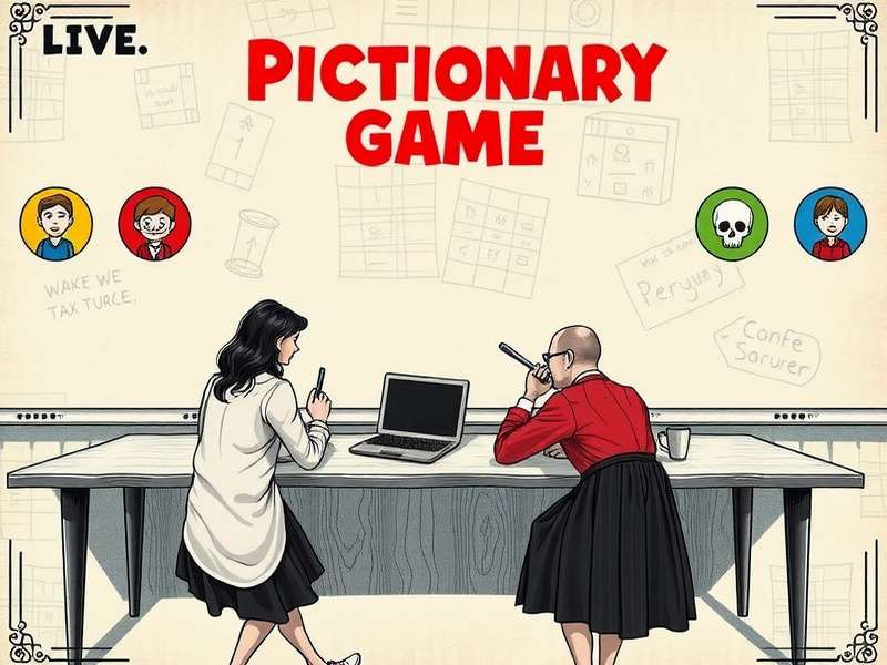 People playing a drawing game on a table with paper and pencils