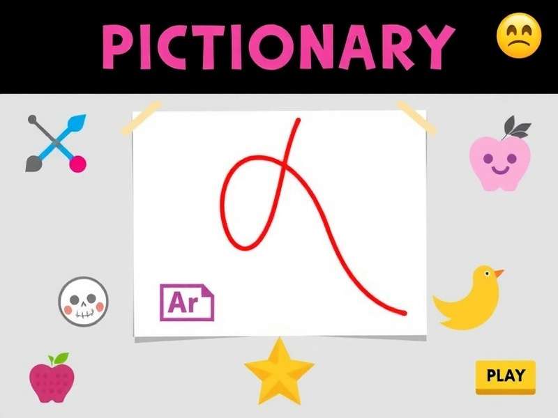 Children playing Pictionary game with colorful drawings and laughter