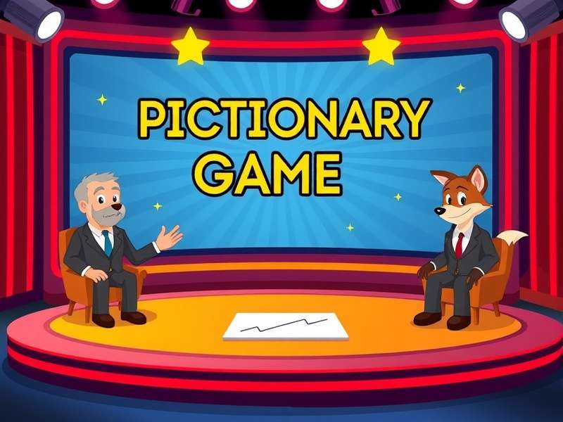 The vibrant set of the Pictionary Game Show on Fox with host and contestants