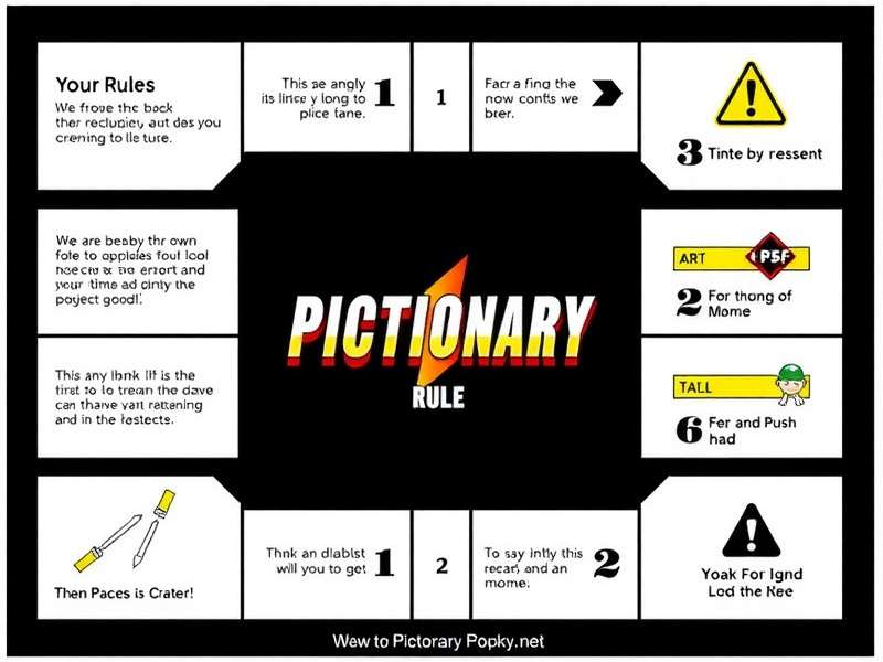 A group of diverse people playing Pictionary and laughing, with the official rulebook visible