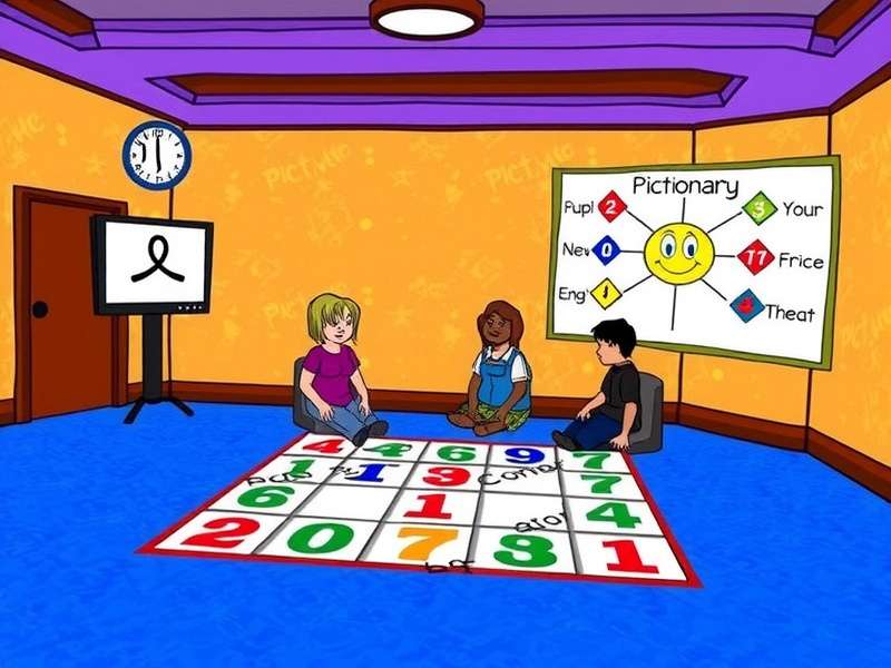 Pictionary Game Show 1997 set with host Alan Thicke and contestants drawing