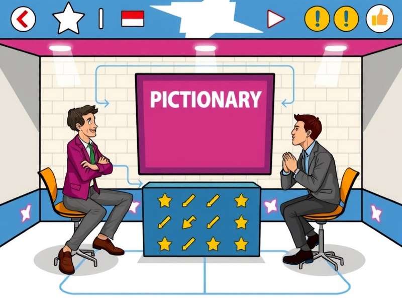Pictionary game show hosts and contestants drawing and guessing
