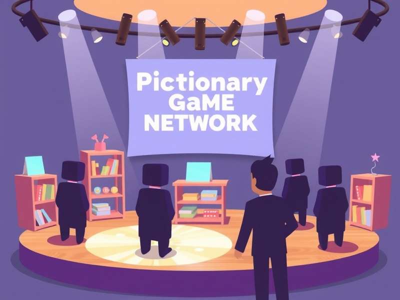 Pictionary Game Show host and contestants drawing on large easels