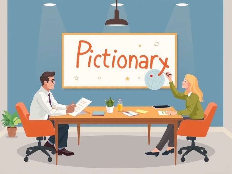 Diverse office team laughing while playing Pictionary on a whiteboard