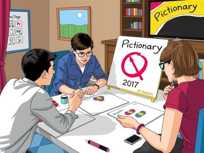 Pictionary Game board setup with cards, timer, and dice