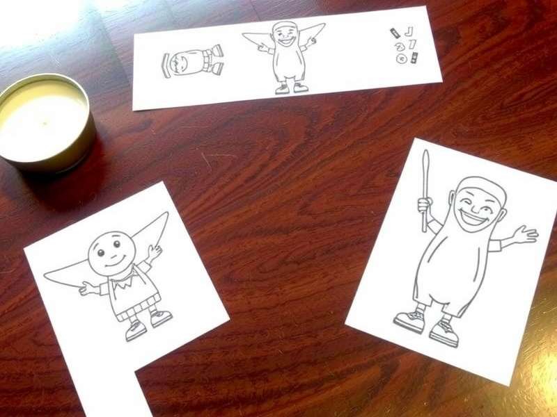 Free Printable Pictionary Game cards and playing pieces spread on a wooden table with colorful drawings