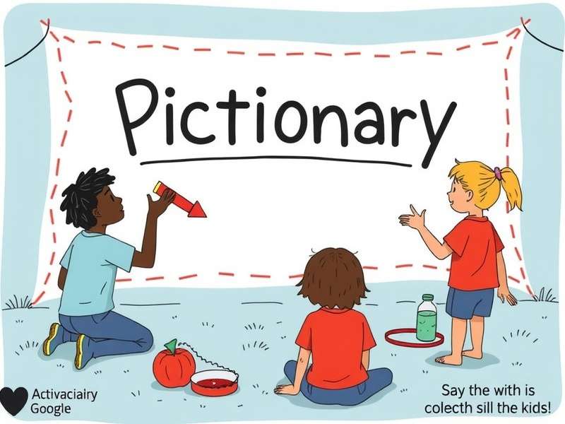 Kids playing Pictionary with colorful drawings on a whiteboard