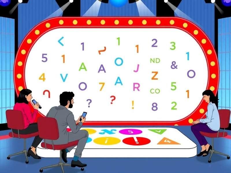 Pictionary Game Show UK studio set with contestants drawing on a large screen, bright lights, and the iconic timer.