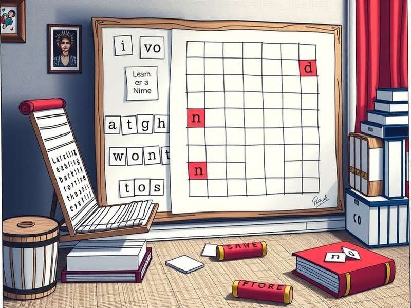 A colorful illustration of a Pictionary game board with medium-difficulty words like 'astronaut', 'volcano', and 'jazz' written on cards, surrounded by sketches.