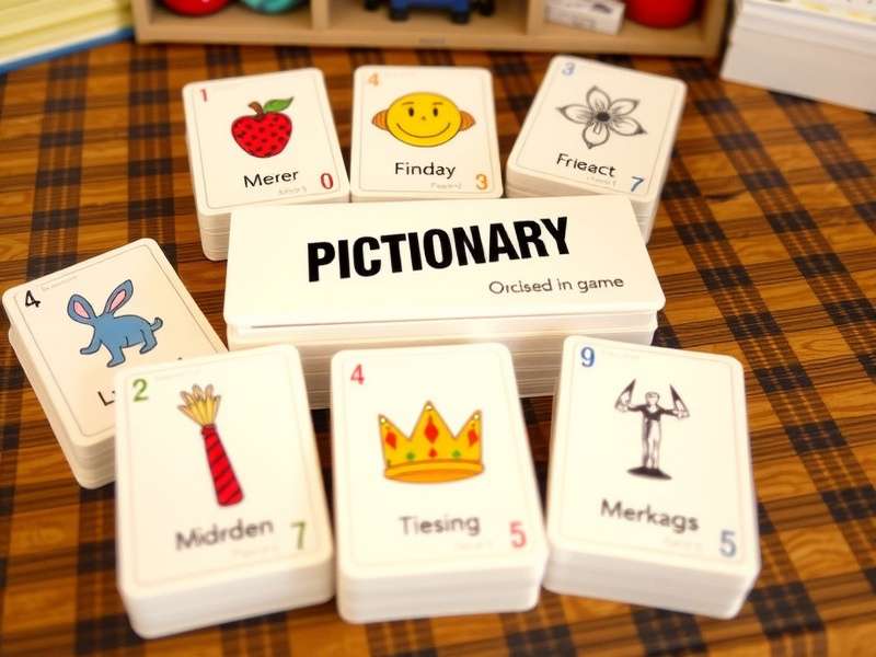 A colorful spread of Pictionary game cards with drawing supplies on a wooden table