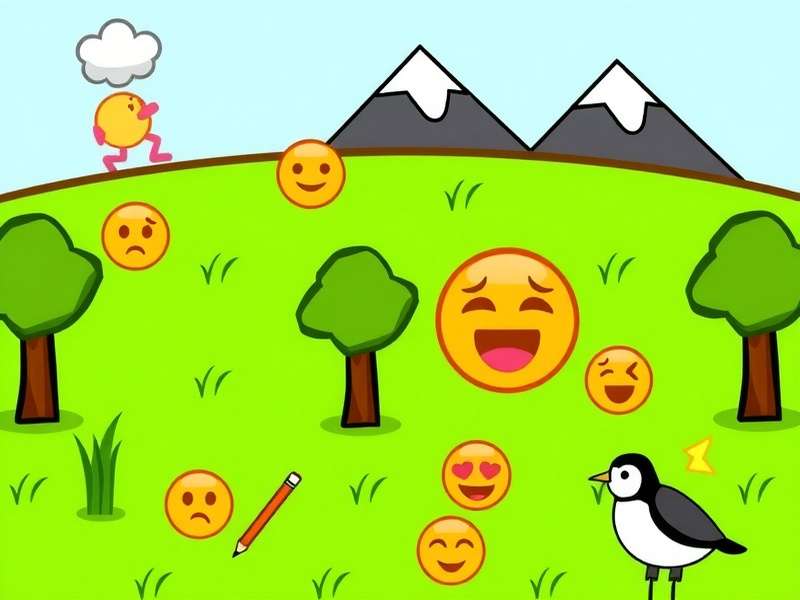 A vibrant illustration of an Emoji Pictionary game board with colorful emojis and drawing tools